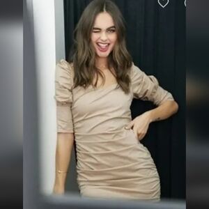 Elegant Tan Ruched Dress